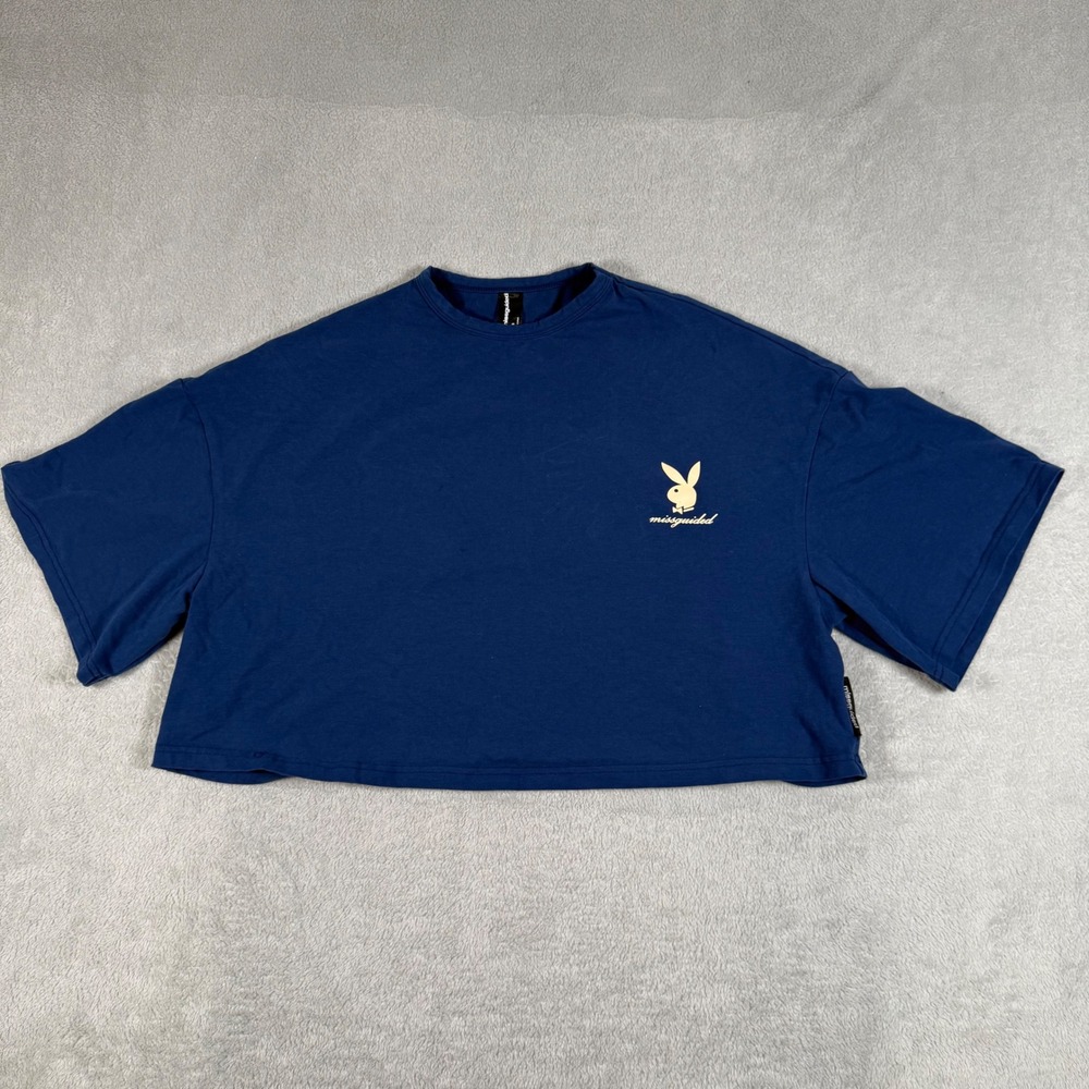 Missguided Playboy T-Shirt Women XS Navy Blue Graphic Logo Oversized Crop Top